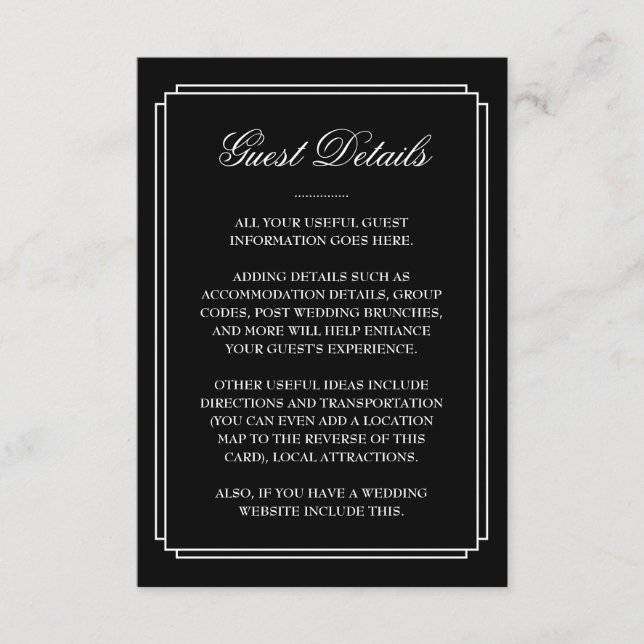 Black And White Deco Wedding Guest Details Enclosure Card (Front)
