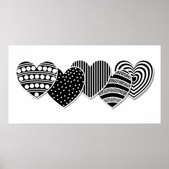 Black and White Decorative Hearts Poster (Front)