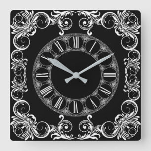 Black and white decorative square wall clock