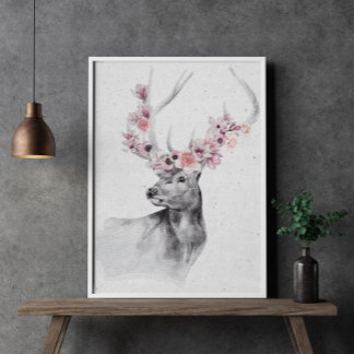 Black and White Deer in Flower Crown Animal Poster