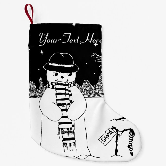 black and white design of cute smiling snowman small christmas stocking (Front)