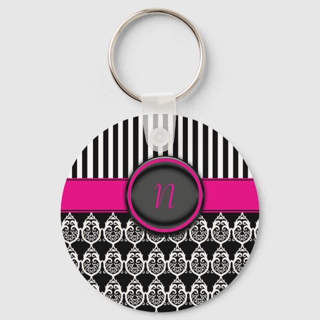 Black  and white design with customisable monogram key ring (Front)