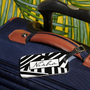 Black and White Diagonal Stripes Luggage Tag