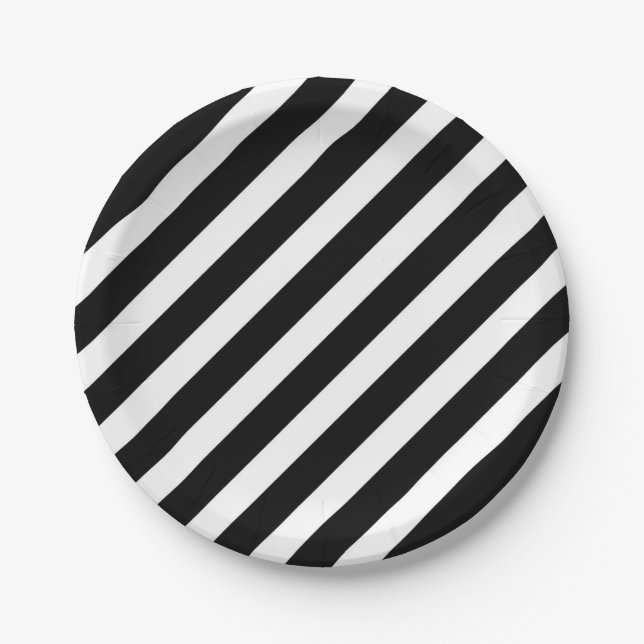 black and white diagonal stripes pattern paper plate (Front)