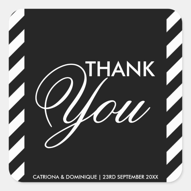 Black and White Diagonal Stripes Thank You Sticker (Front)