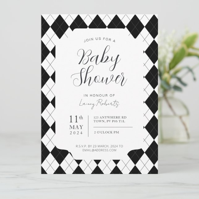 Black and White Diamond Argyle Gender Neutral Invitation (Standing Front)