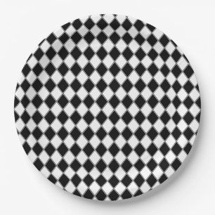 Black and White Diamond Argyle Pattern Paper Plate