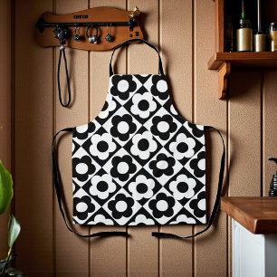 Black and White Diamond Check Flower Pattern Apron