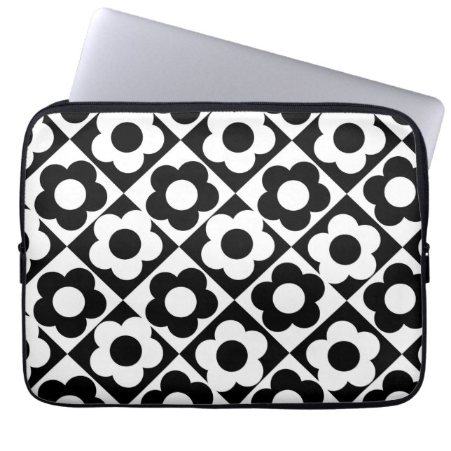 Black and White Diamond Check Flower Pattern Laptop Sleeve (Front)