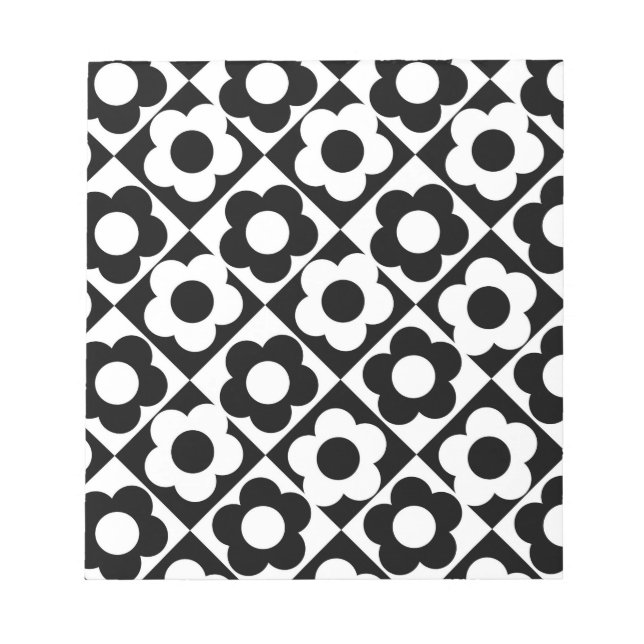 Black and White Diamond Check Flower Pattern Notepad (Front)