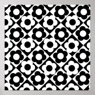 Black and White Diamond Check Flower Pattern Poster