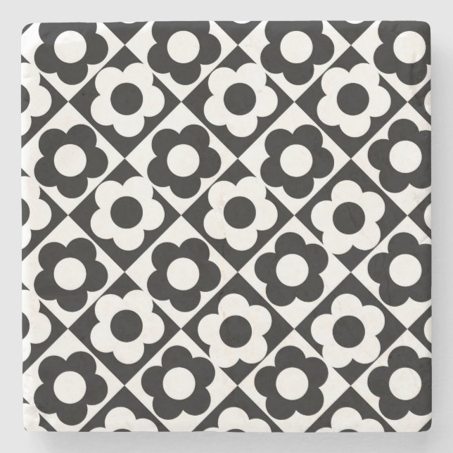 Black and White Diamond Check Flower Pattern Stone Coaster (Front)