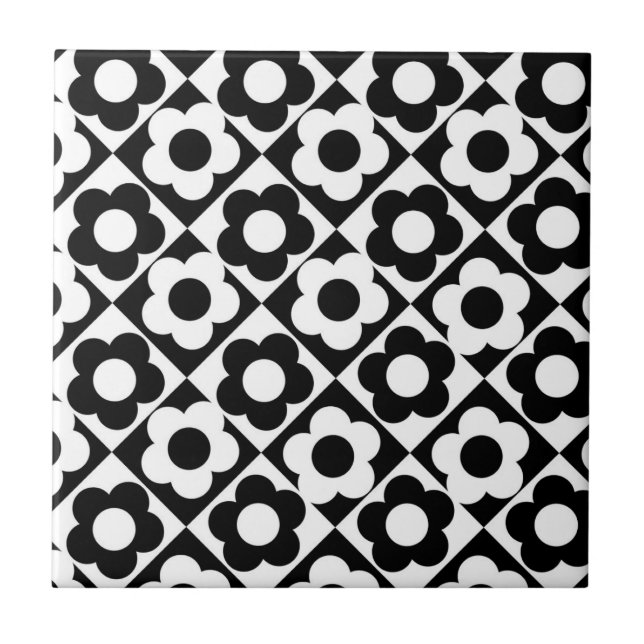 Black and White Diamond Check Flower Pattern Tile (Front)