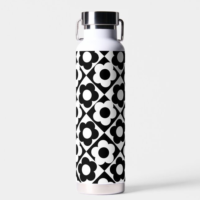 Black and White Diamond Check Flower Pattern Water Bottle (Front)