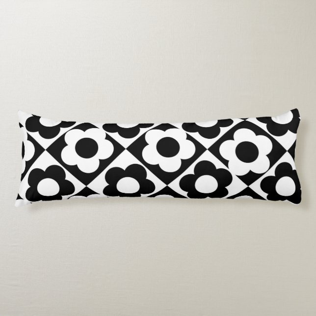 Black and White Diamond Chequered Flower Pattern Body Cushion (Front)
