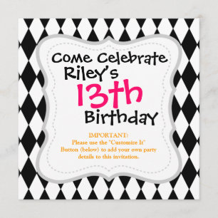 Black and White Diamond Harlequin Pattern Invitation