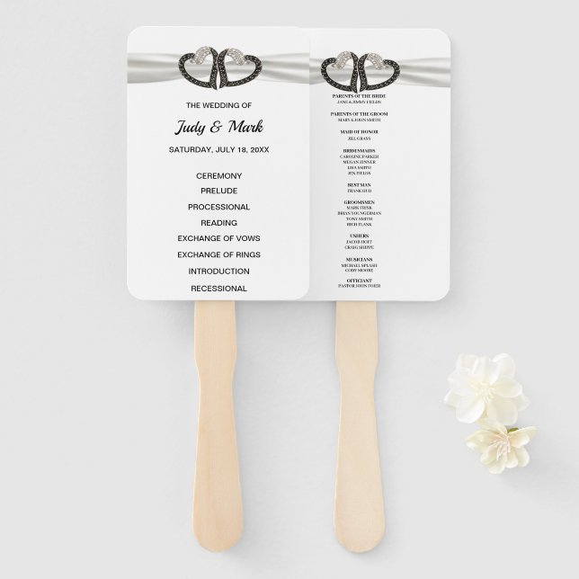 Black And White Diamond Hearts Wedding Program Fan (Front and Back)