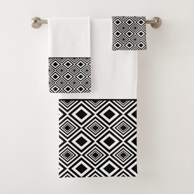 Black and White Diamond Pattern Bath Towel Set (Insitu)