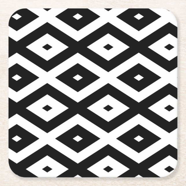 Black and white diamond pattern square paper coaster (Front)