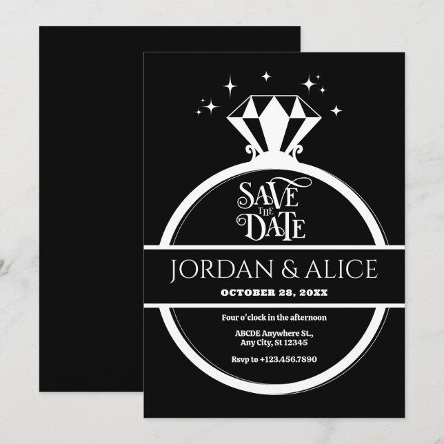 Black and white diamond ring  save the date (Front/Back)