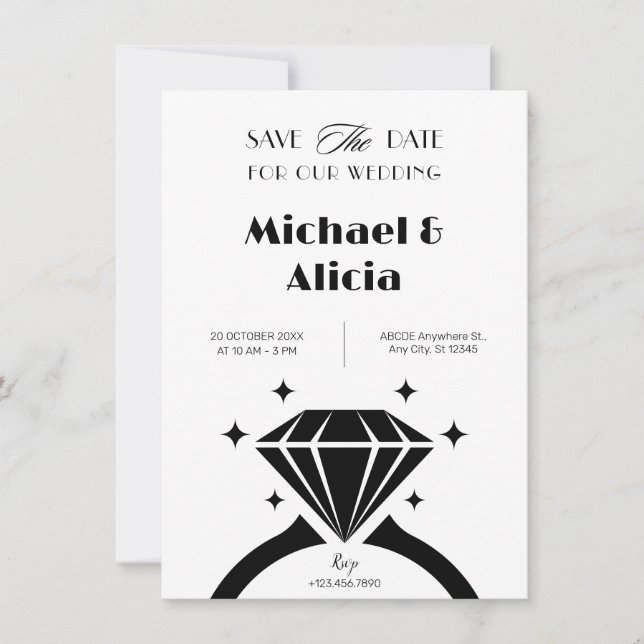 Black and white diamond ring wedding minimalist  save the date (Front)