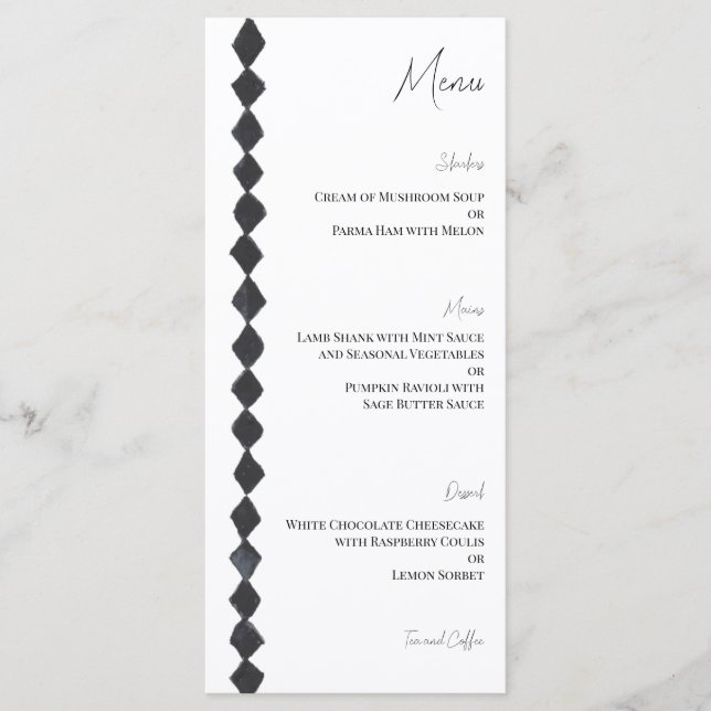Black and White Diamond Trim Wedding Menu (Front)
