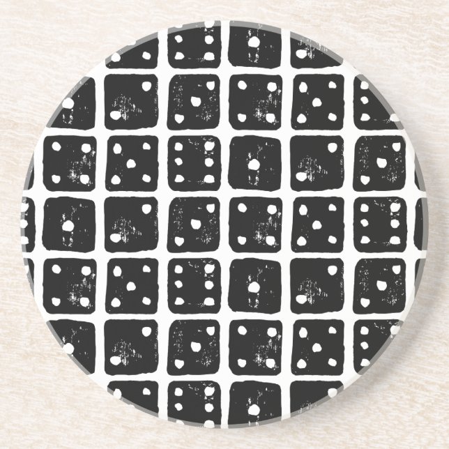 Black and White Dice 1-6 Rustic Linocut Coaster (Front)