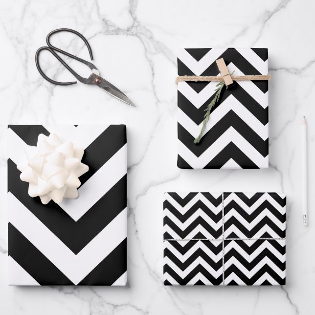 Black and White Different Sizes Chevron Wrapping Paper Sheet (Front)