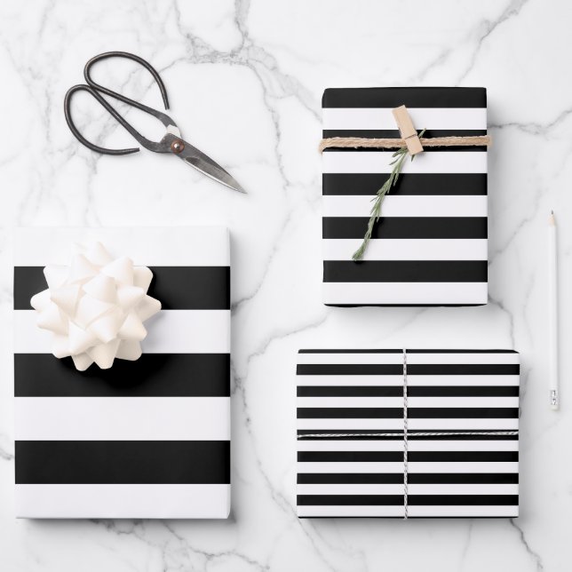 Black and White Different Sizes Horizontal Stripes Wrapping Paper Sheet (Front)