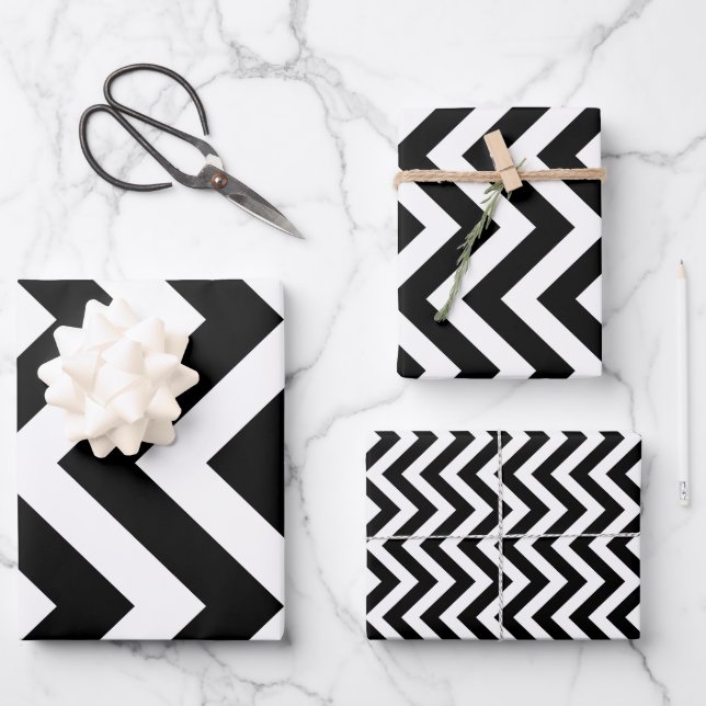 Black and White Different Sizes Vertical Chevron Wrapping Paper Sheet (Front)