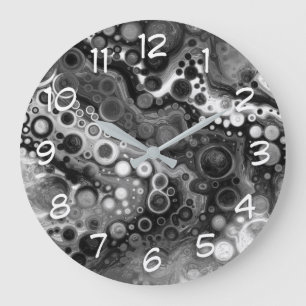 Black and White Digital Fluid Art    Large Clock