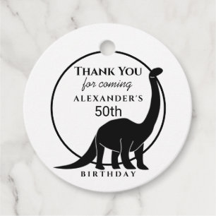 Black and White Dinosaur 50th Birthday Thank You Favour Tags