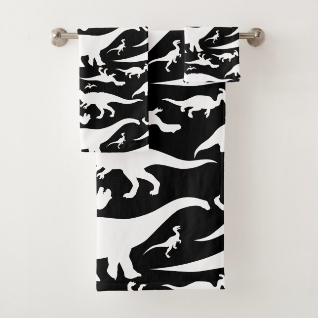 Black and White Dinosaur Pattern Bath Towel Set (Insitu)