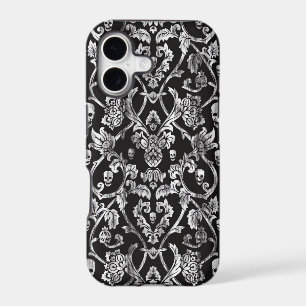 Black and white distressed skull damask pattern.