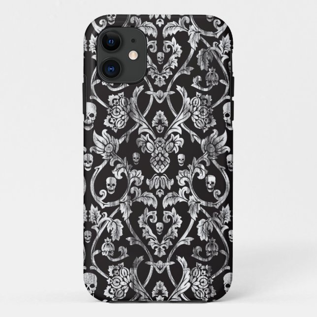 Black and white distressed skull damask pattern. Case-Mate iPhone case (Back)