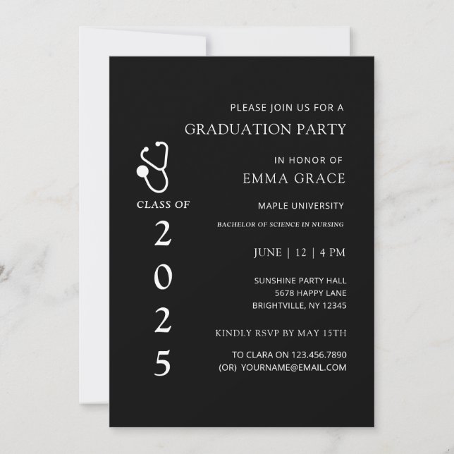 Black and White Doctor Nursing Graduation Party Invitation (Front)