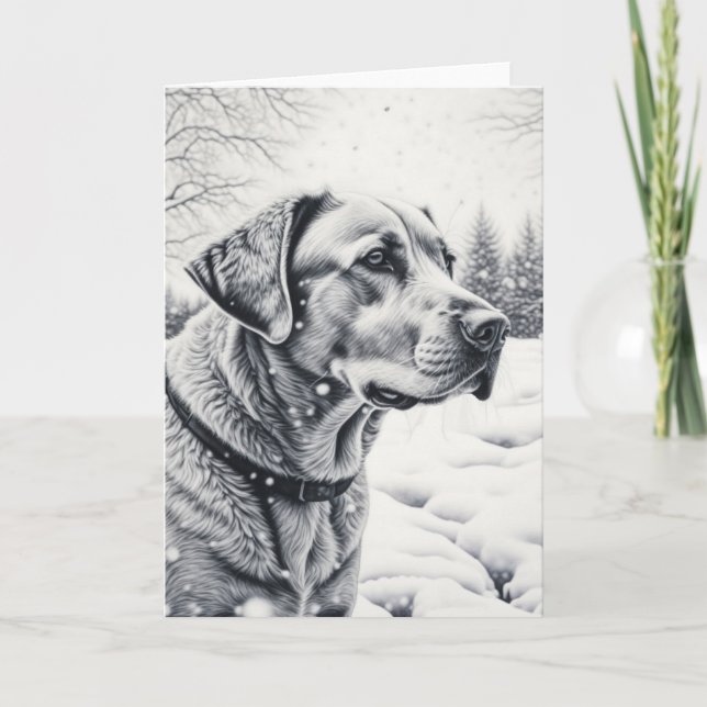 Black and White Dog AI Sketch Winter Scene Card (Front)