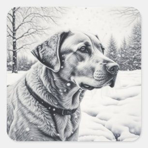 Black and White Dog AI Sketch Winter Scene Square Sticker
