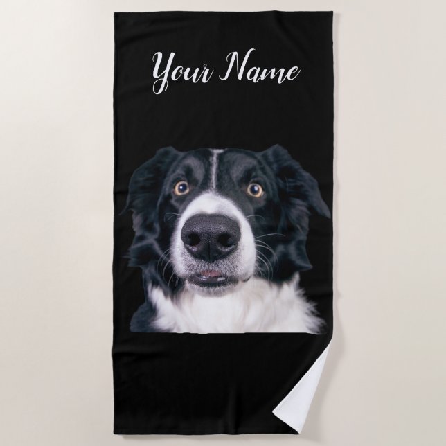 Black and White Dog Face Beach Towel (Front)