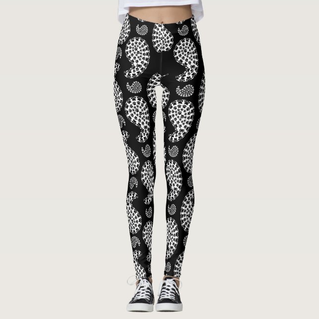 Black And White Dog Paw Paisley Print Leggings (Front)