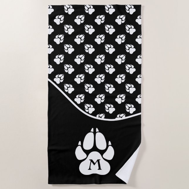 Black And White Dog Paw Pattern & Custom Monogram Beach Towel (Front)