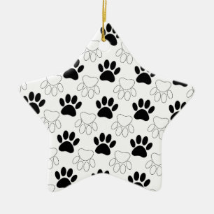Black And White Dog Paw Print Pattern Ceramic Tree Decoration
