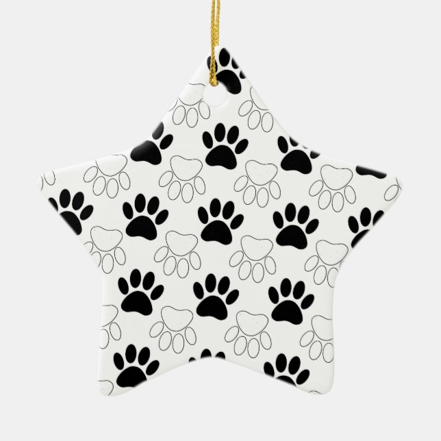 Black And White Dog Paw Print Pattern Ceramic Tree Decoration (Front)