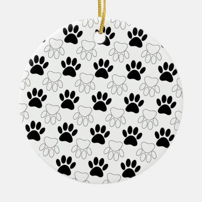 Black And White Dog Paw Print Pattern Ceramic Tree Decoration (Front)