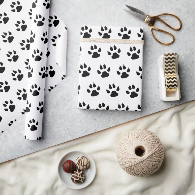 Black And White Dog Paw Print Pattern Wrapping Paper (Crafts)