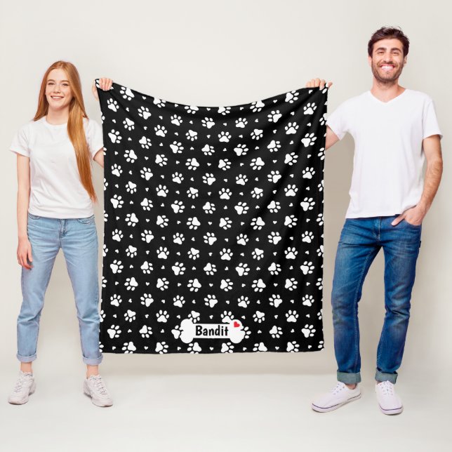 Black and White Dog Paw Prints and Hearts Pattern Fleece Blanket (In Situ)