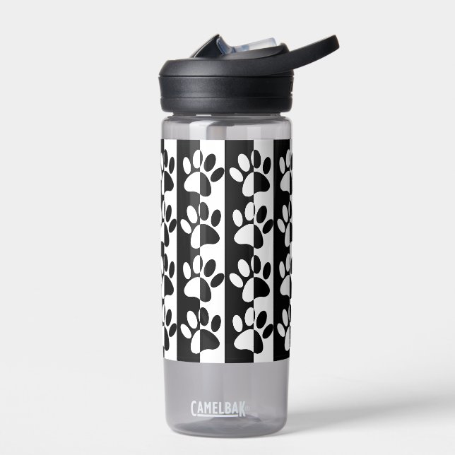 Black and White Dog Paw Prints And Stripes Pattern Water Bottle (Left)