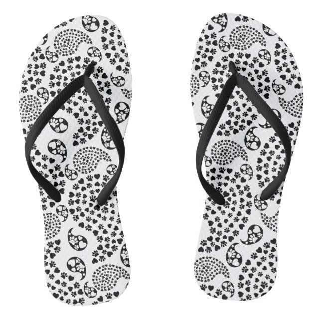 Black And White Dog Paws And Hearts Paisley Print Jandals (Footbed)