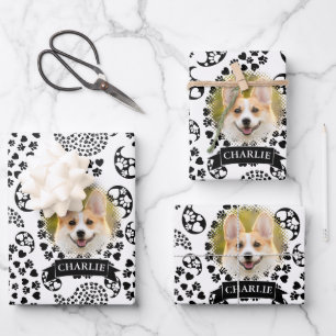 Black And White Dog Paws And Hearts Paisley Print Wrapping Paper Sheet