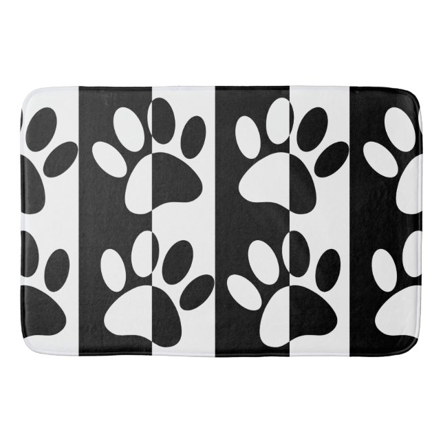 Black And White Dog Paws And Stripes Bath Mat (Front)